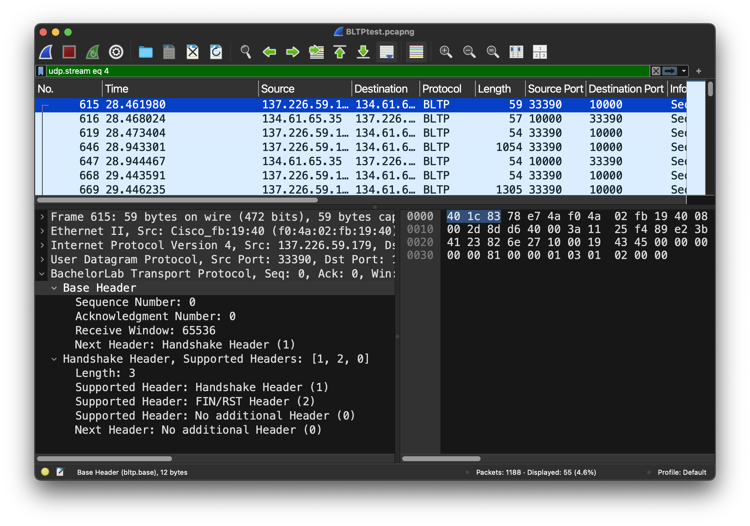 A screenshot of BLTP packet